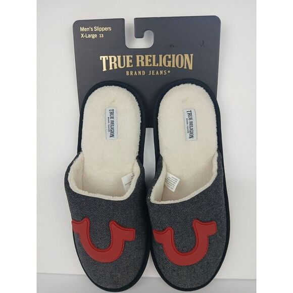 True Religion  Slippers Black Denim Red Logo Men\'s Size XL US 13 Rn 45836 New main image 8